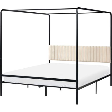 Canopy Bed Black Metal 160 x 200 cm EU King Size 5ft3 Upholstered Headboard Modern Style Romantic MIRABEAU