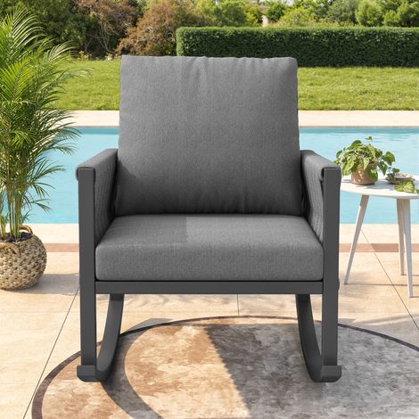 Silla mecedora de exterior de hierro gris con cuerda trenzada y cojines, 65x79x78 cm, carga máxima 120 kg