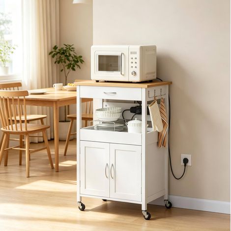 Desserte cuisine 60x45x92 cm MDF blanc effet bambou, prises, gain de place – MEUBLIV (1/5)