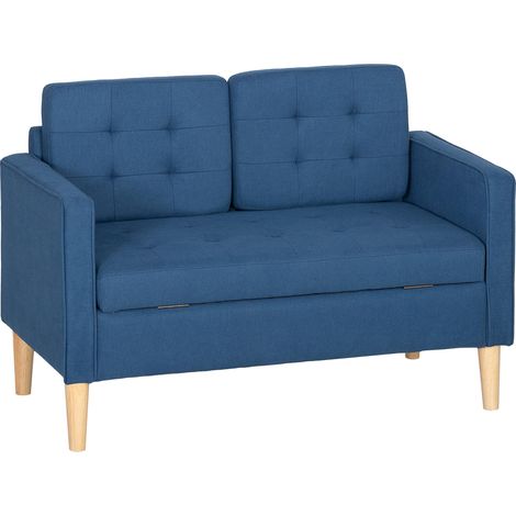 Canapé deux places avec rangement, capitonnage à boutons, coussins, bois d'hévéa, 117 x 62 x 78 cm, bleu (1/5)