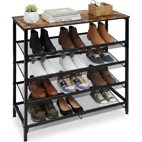 Zapatero industrial con estantes de rejilla - Hierro, acabado madera