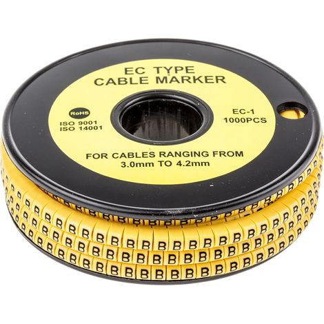 Repère câble , Ø câble 3  4.2mm, texte : B, Noir sur Jaune ( Prix pour Bobine de 1000 )