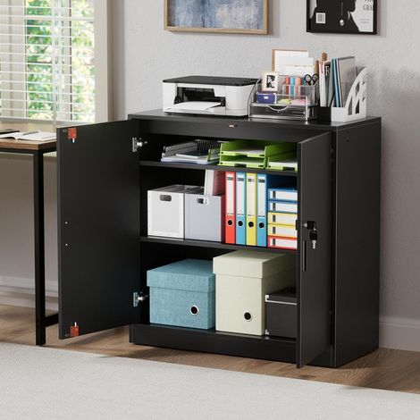 Armoire Bureau, Meuble Rangement Bureau Fermant à clé avec 2 Porte, 15mm Armoire de Rangement pour Garage Salon Chambre Buffet Imprimante Papier Administratif, Placages Réglables, Noir