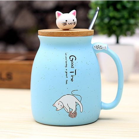 Tasse Céramique - 450 ml - Avec Couvercle En Bois Et Cuillère Intégrée - Motif Chat - Pour Café Thé Lait - 1 Pièce (1/5)