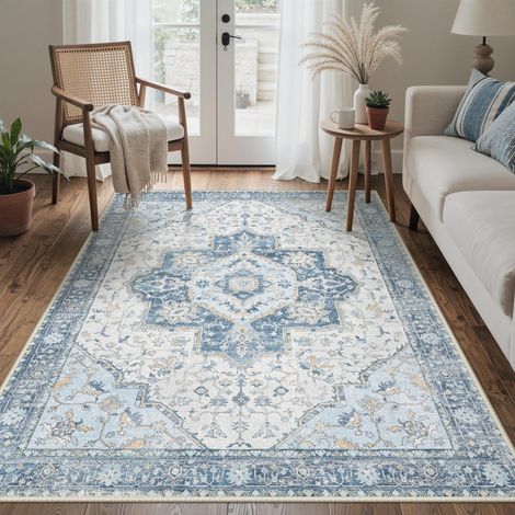 Tapis Salon Vintage 160x230cm Lavable en Machine Rug Grand AntidéRapant Poil Ras, pour Chambre Salle a Manger Descente de Lit Bureau, Cuisine, Bleu et Crème (1/5)