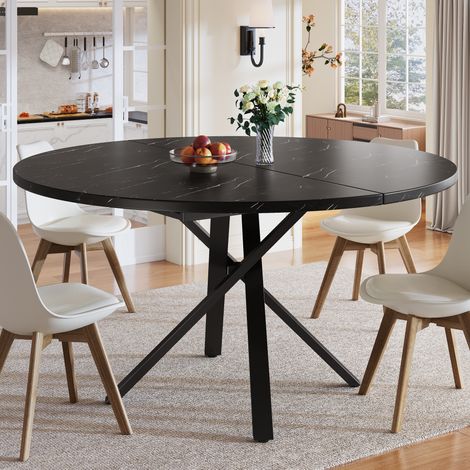 Tavolo rotondo allungabile 100/140x75 cm nero in MDF e metallo con effetto marmo e gambe a X (1/5)