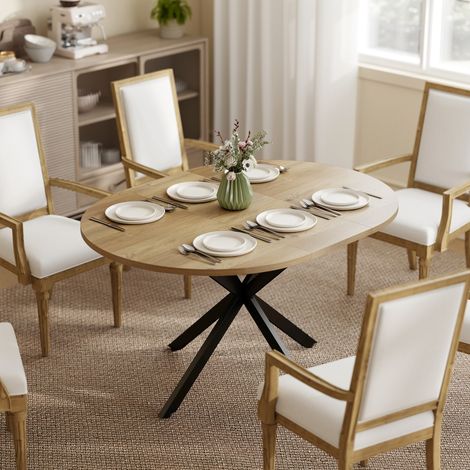 Table à manger extensible ovale pour 4 à 6 personnes, effet bois naturel, table de cuisine avec rallonge 100-135 centimètres (1/4)