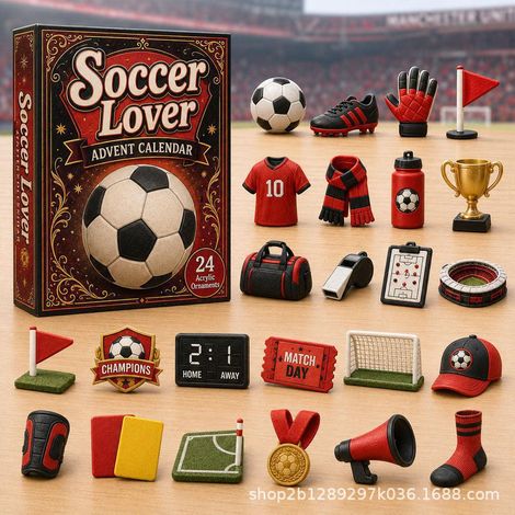 Calendrier sportif 2026, décorations de compte à rebours en acrylique à suspendre (24 jours), cadeau de Noël original sur le thème du sport pour les fans Football rouge-WOODTOR (1/2)