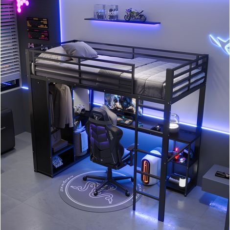 Cama alta 90x200 cm negra de metal y MDF con escritorio, LED y armario abierto (1/5)