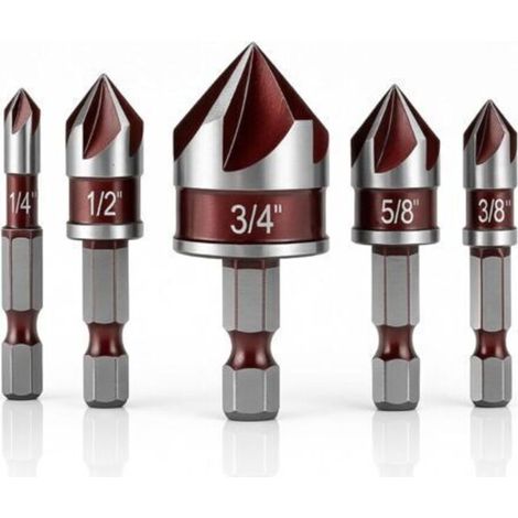 5Pcs Foret à Métal Fraiser, 5 Flûte Fraise à Chanfreiner HSS Foret Conique Fraise à Noyer Forets Fraise à Ébavurer, 6/10/13/16/19mm Outil de Vis pour DIY Bois Métal PVC (1/3)