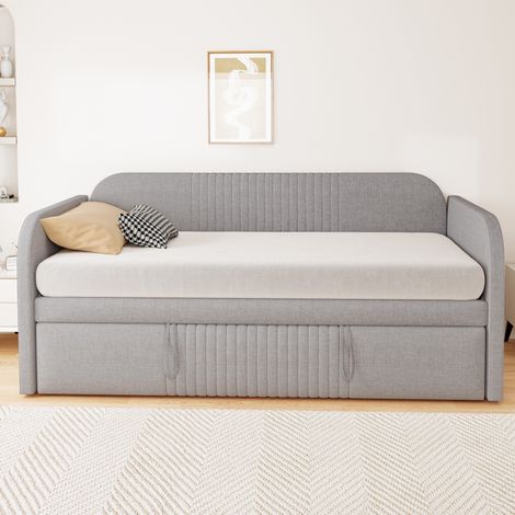 Canapé-lit modulable 90/180x190 cm en tissu lin gris clair, gain de place pour chambre FloraGrace (1/5)