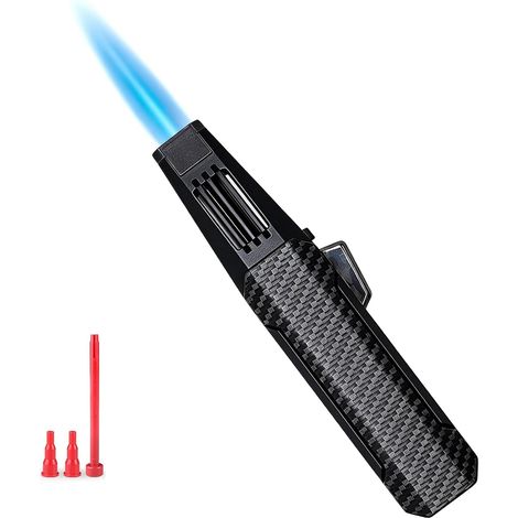 Briquet Tempête avec Boîte Cadeau, Recharge Gaz Briquet Chalumeau de Cuisine avec Verrouillage de Sécurité et Flamme Réglable, Allume Gaz Coupe-Vent pour Camping, Soudage(Noir) (1/5)