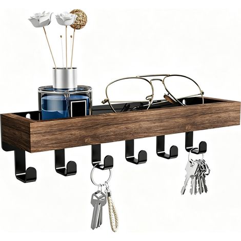 Porte-clés mural en bois avec tablette de rangement – organisateur de clés pratique pour entrée, couloir et salon, décoration murale rustique et fonctionnelle, Marron (1/5)