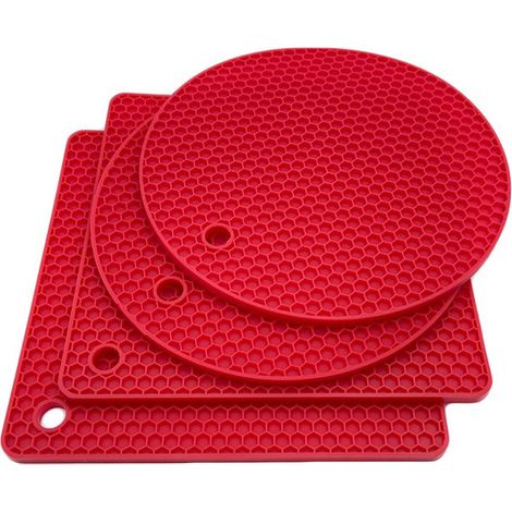 Srvillg Lot 4 dessous-de-plat en silicone rouge (2 ronds 2 carrés), alimentaire, antidérapant, pliable, résistant chaleur