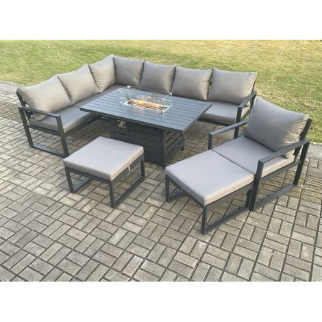 Fimous Aluminium Patio Outdoor Garden Furniture Corner Sofa Set Gas Fire Pit Dining Table with Chair 2 Big Footstools Dark Grey (1/5)