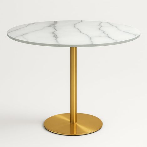 Ahd Amazing Home Design – Table de salle à manger ronde 80cm effet marbre doré – Pied central métal doré – Pour 2 à 4 personnes – Surface lisse facile à nettoyer (1/5)
