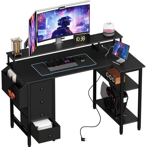 Yaheetech Bureau Informatique Angle Table en L Bureau Gaming Réversible en Bois avec Support d'écran 4 Tiroirs 2 étagère 1 Sac de Rangement et Prises pour Le Travail à Domicile 120 cm Noir