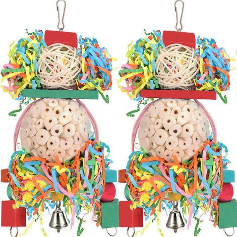 Lot de 2 jouets à déchiqueter et picorer pour oiseaux, boule de sola suspendue à mâcher, papier déchiqueté coloré et bois, accessoires de cage pour perruches, perruches ondulées, calopsittes, conures, (1/5)