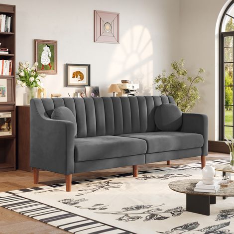 3-Sitz-Sofa modern und elegant - in Grau-Velours - gestreifter Rückenlehnenteil - massive Holzbeine - 206L x 74B x 83H cm