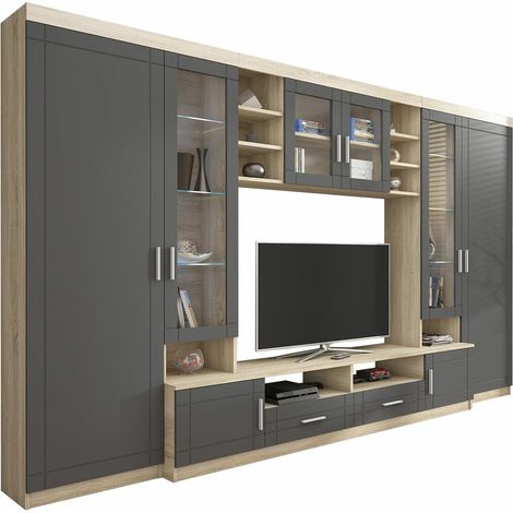 Mobilier1 – Ensemble de meubles de salon Tucson 108 – Stratifié MDF et verre – Largeur 3400mm, Hauteur 1980mm, Éclairage LED intégré