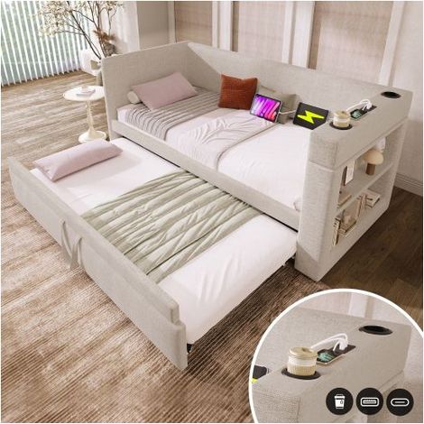 Lit gigogne banquette 90x190 cm avec ports USB Type-C, porte-gobelets - Lit gigogne - Tissu lin beige, rangements latéraux pratiques (1/5)