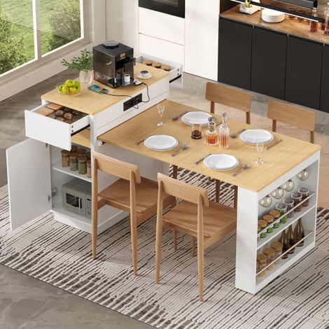 Îlot de Cuisine Extensible - Desserte sur Roulettes avec Prises USB/Type-C, LED, 4 Tiroirs & Crochets – Blanc & Bois Naturel (1/5)