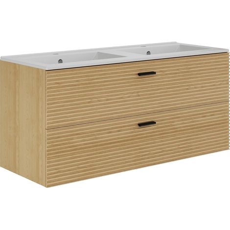 Mobile bagno sospeso striato con lavabo da incasso - 2 cassetti - Rovere chiaro naturale - 120 cm - SARONE (1/5)