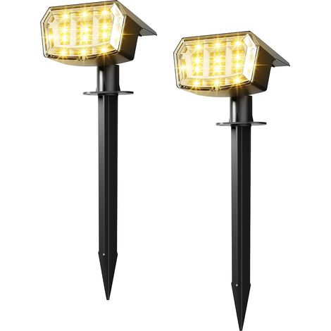Spots solaires d'extérieur pour jardin, 63 LED, énergie solaire, 3 modes, étanchéité IP65, pour cours, allées, terrasses et entrées de garage (Blanc chaud, 2 pièces) (1/5)