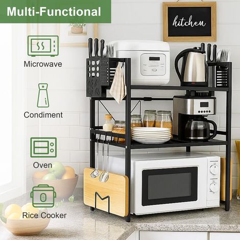 Expandable Kitchen Cupboard Organiser Multi-Purpose Shelf Organiser Cupboard Shelf Organiser for Home and Kitchen Storage Black (Black, 3 Tier)