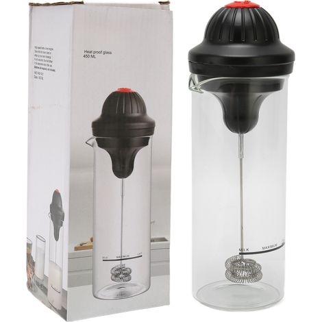 Beyamis Mousseur à lait portable électrique à piles avec verre résistant à la chaleur pour crème au lait et café. (1/5)