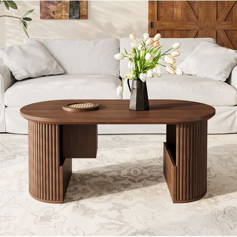 Mesa de centro ovalada de estilo retro 105 x 50 x 46,5 cm en MDF, color nogal HAVRYA (1/5)