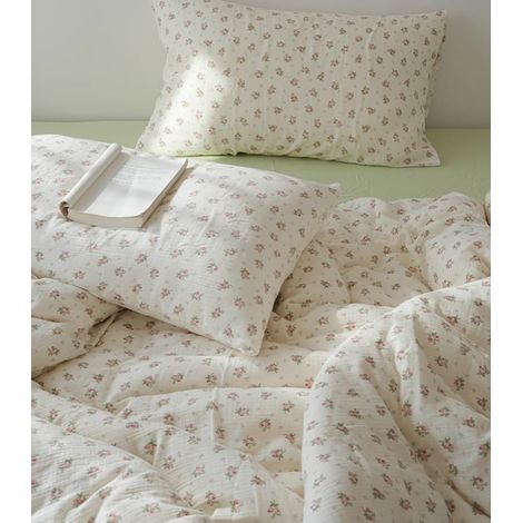 Parure de lit en double mousseline 200x220 cm en coton avec motif de fleurs roses - Ensemble de literie - 1 housse de couette et 2 taies d'oreiller 80x80 cm avec fermeture (1/5)