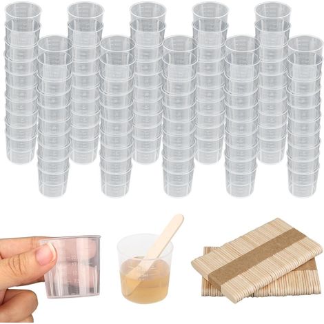 100 Pièces Résine époxy Transparent Doseurs, 30ml Mini Verre Doseur Plastique avec 100 Bâtonnets en Bois, Gradué Tasses Transparent pour Mélanger La Résine, La Peinture, L'époxy et La Peinture (1/5)