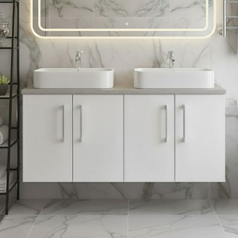Nuie Arno Wall Hung 4-Door Vanity Unit with Bellato Grey Worktop 1200mm Wide - Gloss White (1/5)