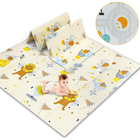 Tappeto da gioco reversibile per bambini 200x180 cm, tappeto da gioco pieghevole impermeabile bifacciale per bambini, materiale XPE, motivo elefante e auto (1/5)