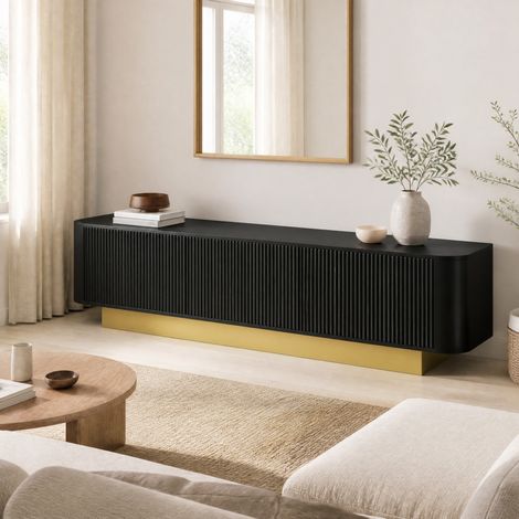 TV-Lowboard 170 x 40,5 x 47 cm aus schwarzem MDF, 3 Türen, Stauraum – MEUBLIV (1/5)