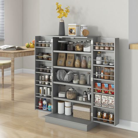 Garde-manger avec 2 portes, 5 étagères et 12 compartiments à épices - 60 x 30 x 104 cm - gris (1/5)