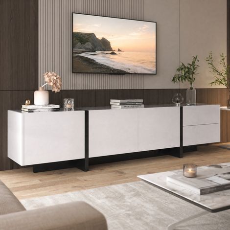 JOOKGBD-Meuble TV Moderne,Finition Blanche Brillante avec Piètement Noir Contrastant,3 Portes avec Étagères Internes et 2 Grands Tiroirs,Grand Rangement,Structure en Panneau de Particules pour Salon (1/5)