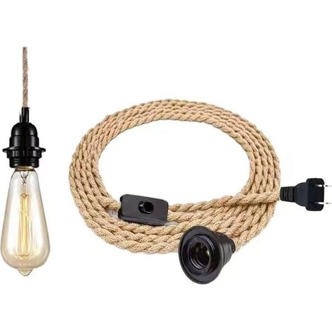 Lustre Corde de Chanvre de 4,5 Mètres - Tête Unique Suspendue Câble de Lumière Corde E27 Prise, Vintage Lustre Corde Chanvre avec Prise Interrupteur, DIY Lampe Suspension pour Maison (1/4)