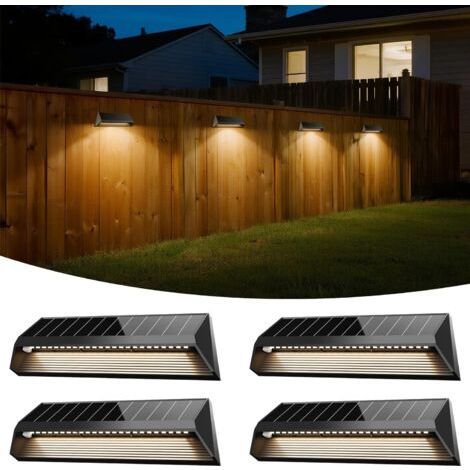 Appliques Murales Solaires Extérieur Lot de 4, 3 Couleurs, 3000K-6000K, 1500mAH Lampe Solaire Murale LED, Lumière Solaire Extérieur étanche Sans Fil pour Escaliers, Terrasses, Jardins (1/5)