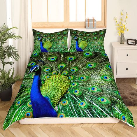 Parure de lit paon à plumes vertes 135 x 200 cm Housse avec fermeture éclair Décoration de chambre pour femme 1 housse de couette et 1 taie d'oreiller (1/5)