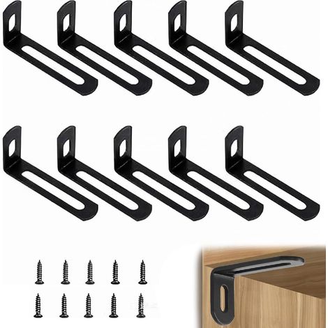 Équerre métal noir 50x24x12mm, lot de 10 avec vis, pour meubles, étagères, lits, tables, armoires. (1/5)