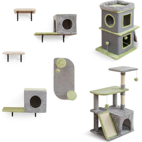 GOPLUS 3PCS Arbre a Chat, Niche pour Chat à 3 Niveaux Hauteur 94 CM, Étagères Murales, avec Condo, Poteau en Sisal, Boule Suspendue, Centre d'Activités pour Chaton avec Surface en Peluche (1/5)