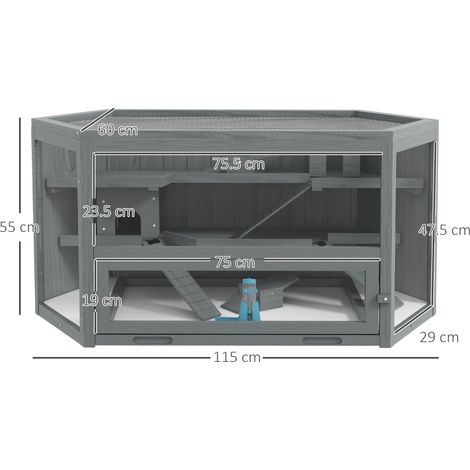 Cage à rongeur hexagonale 3 étages gris bois 115x60x55cm toit pliable fenêtre visuelle rampe, villa multifonction spacieuse pour petits animaux domestiques (1/5)