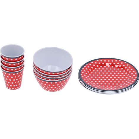 Service de table 12 pièces, tasse, bol et assiette en mélamine à pois rouges, idéal pour les restaurants et la maison. (1/5)