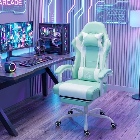 Fauteuil de jeu avec massage lombaire, vibration, inclinaison jusqu'à 155°, appui-tête réglable et repose-pieds rétractable, bleu (1/5)