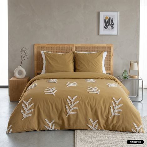 Parure de lit coton lavé tufté motifs végétaux 2 places moutarde. 1 housse + 2 taies 63x63cm 240 x 220 cm (1/5)