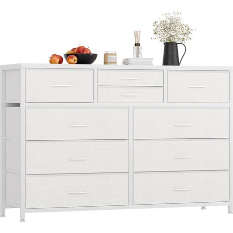Commode à 10 Tiroirs, Grand rangement 300L, Plateau bois, Structure acier, Anti-basculement, Blanc cuir, Meuble TV, Blanc
