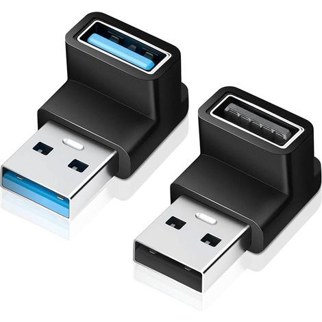 Lot de 2 adaptateurs USB 3.0 coudés à 90 degrés - Angle vers le haut et vers le bas - USB A mâle vers U-S-B-A femelle - Adaptateur de charge rapide et de transfert de données pour PC, ordinateur