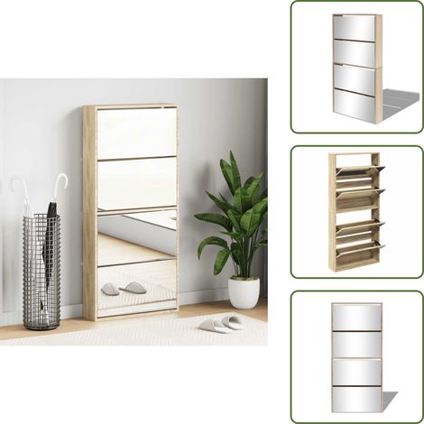 Schuhschrank mit 4 Fächern Spiegel Eiche 63×17×134 cm - Spiegel-Schuhschrank - Schuhschrank - Flurmöbel - Schuhregal - Schuhorganisation (1/5)